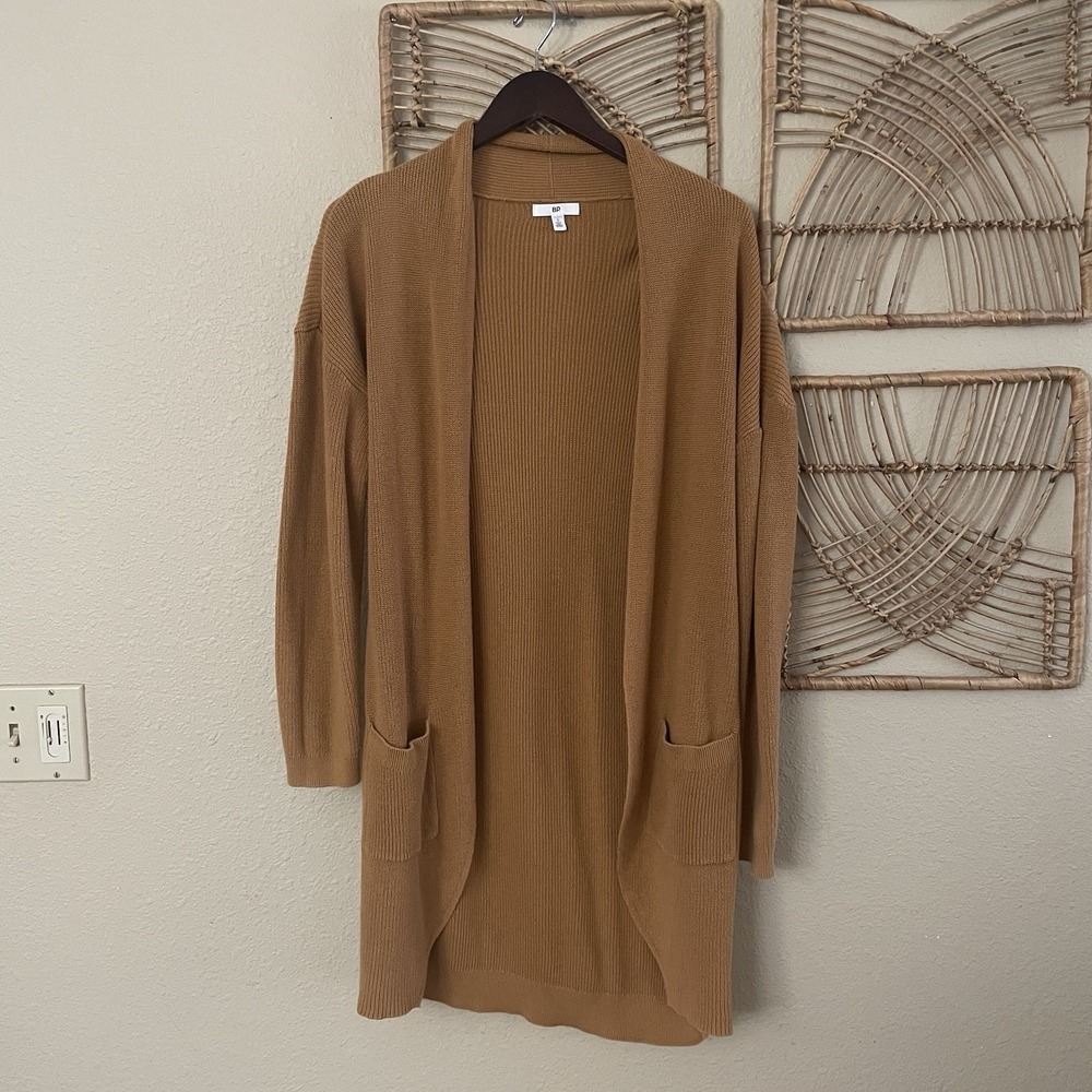 BP‎ Open Front Cardigan Longline Pockets Camel Mustard Cozy Cotton Sz S B30